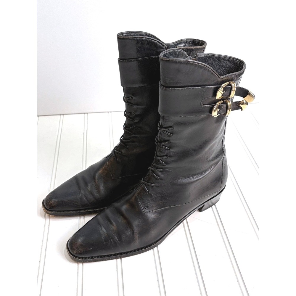 Via Spiga Neiman Marcus Black Leather Faux Lace-Up Boots Brass Buckle 8.5